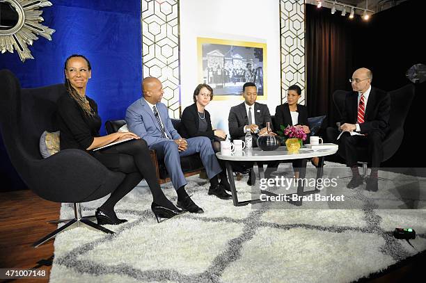 Malika Saada Saar, Bryan Stevenson, Cecilia Munoz, John Legend, Michelle Alexander, and POLITICO chief White House correspondent Mike Allen speak...