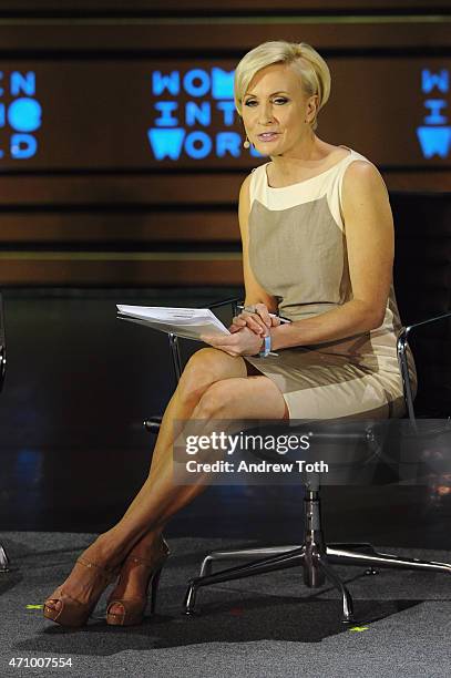 Host Mika Brzezinski speaks on stage during the Women In The World Summit held in New York on April 24, 2015 in New York City.