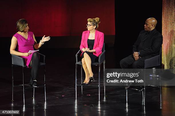 Zain Verjee, Tina Hovsepian and Aton Edwards speak on stage during the Women In The World Summit on April 24, 2015 in New York City.