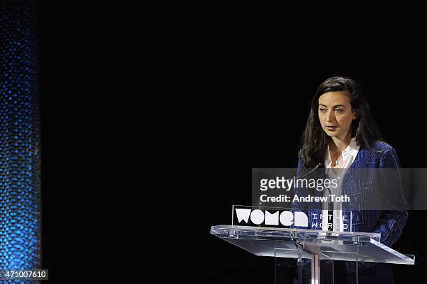 Activist Rima Bugaighis speaks on stage during the Women In The World Summit held in New York on April 24, 2015 in New York City.