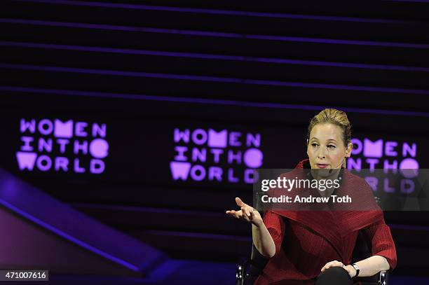 Professor Noreena Hertz speaks on stage during the Women In The World Summit held in New York on April 24, 2015 in New York City.