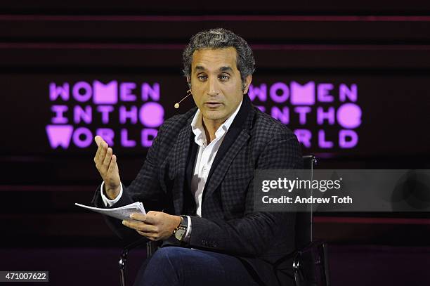 Comedian Bassem Youssef speaks on stage during the Women In The World Summit held in New York on April 24, 2015 in New York City.