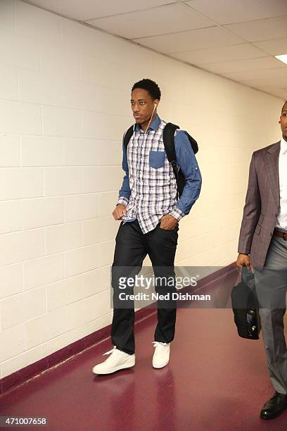 DeMar DeRozan of the Toronto Raptors arrives before Game Three of the Eastern Conference Quarterfinals against the Washington Wizards during the 2015...