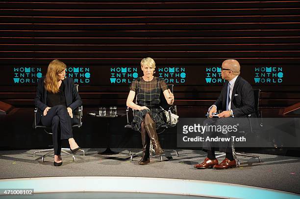 Samantha Power, Robin Wright and Darren Walker speak on stage during the Women In The World Summit held in New York on April 24, 2015 in New York...