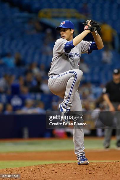 Jeff Francis of the Toronto Blue Jays pitches during the seventh inning of a game against the Tampa Bay Rays on April 24, 2015 at Tropicana Field in...