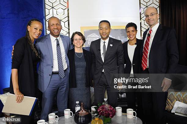 Malika Saada Saar, Bryan Stevenson, Cecilia Munoz, John Legend, Michelle Alexander, and POLITICO chief White House correspondent Mike Allen pose...