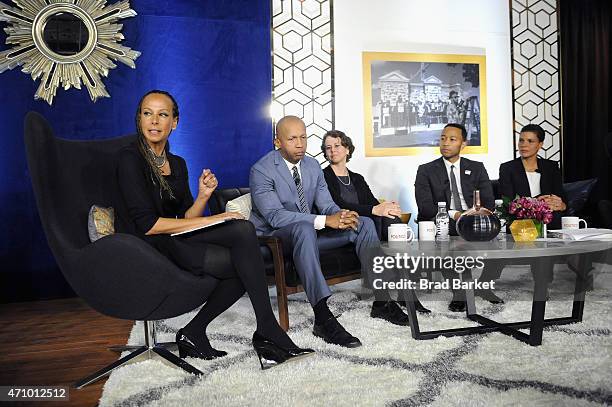 Malika Saada Saar, Bryan Stevenson, Cecilia Munoz, John Legend, Michelle Alexander, and POLITICO chief White House correspondent Mike Allen speak...