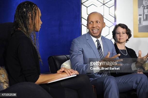 Malika Saada Saar, Bryan Stevenson, and Cecilia Munoz speak onstage at "An Evening With John Legend" hosted by POLITICO to kick-off White House...