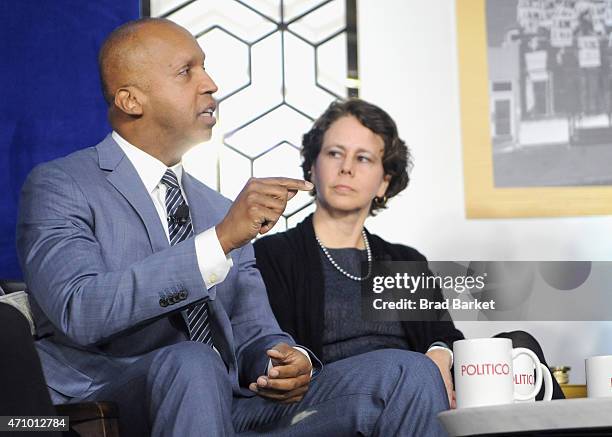 Bryan Stevenson and Cecilia Munoz speak onstage at "An Evening With John Legend" hosted by POLITICO to kick-off White House Correspondents' weekend...