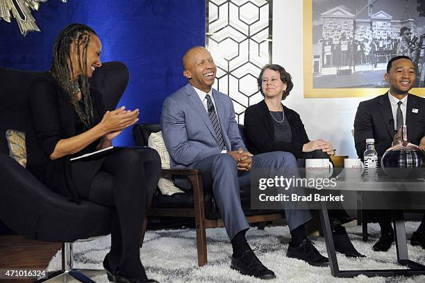 Malika Saada Saar, Bryan Stevenson, Cecilia Munoz, and John Legend speak onstage at "An Evening With John Legend" hosted by POLITICO to kick-off...