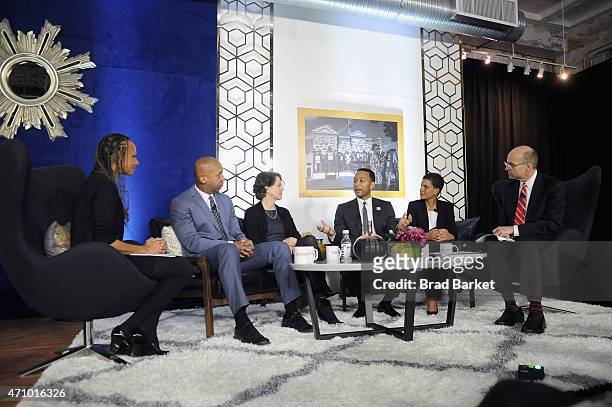 Malika Saada Saar, Bryan Stevenson, Cecilia Munoz, John Legend, Michelle Alexander, and POLITICO chief White House correspondent Mike Allen speak...