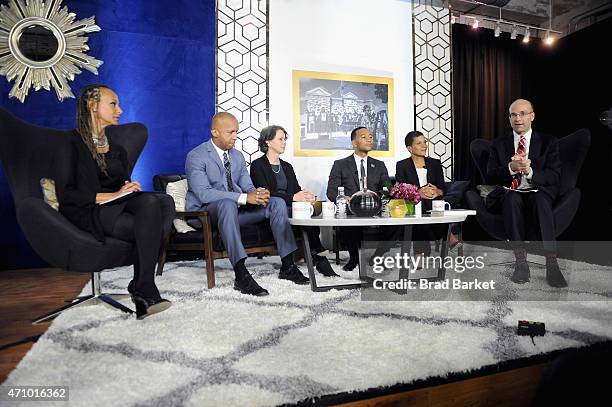 Malika Saada Saar, Bryan Stevenson, Cecilia Munoz, John Legend, Michelle Alexander, and POLITICO chief White House correspondent Mike Allen speak...