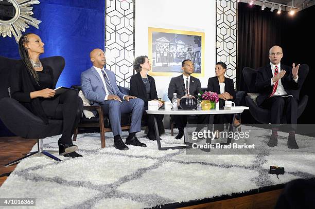 Malika Saada Saar, Bryan Stevenson, Cecilia Munoz, John Legend, Michelle Alexander, and POLITICO chief White House correspondent Mike Allen speak...