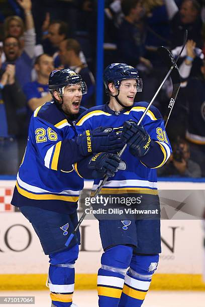 Paul Stastny and Vladimir Tarasenko of the St. Louis Blues celebrate after Tarasenko scored a goal against the Minnesota Wild in Game Five of the...