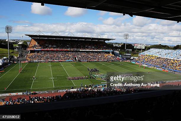 General view as both teams line up for the Last Post prior for Anzac Day prior to the round eight NRL match between the New Zealand Warriors and the...
