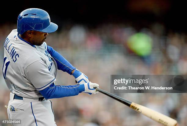 Jimmy Rollins of the Los Angeles Dodgers bats against the San Francisco Giants in the top of the first innin at AT&T Park on April 22, 2015 in San...