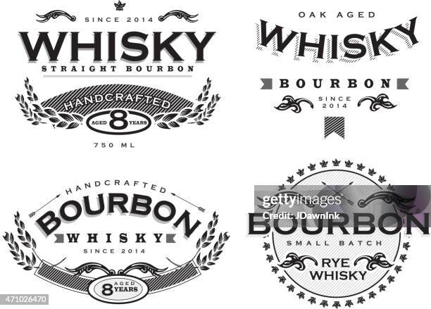 ilustraciones, imágenes clip art, dibujos animados e iconos de stock de conjunto de cuatro etiquetas de whisky bourbon retro blancas y negro - whisky