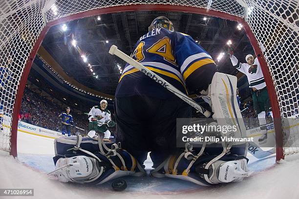 Chris Stewart of the Minnesota Wild celebrates after the Wild score a goal against Jake Allen of the St. Louis Blues in Game Five of the Western...