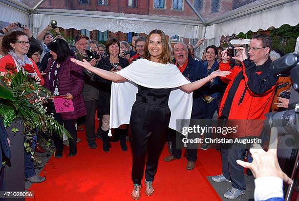 Jenny Juergens and fans attend the celebration of 2000 episodes of "Rote Rosen" at Ritterakademie on April 24, 2015 in Lueneburg, Germany.