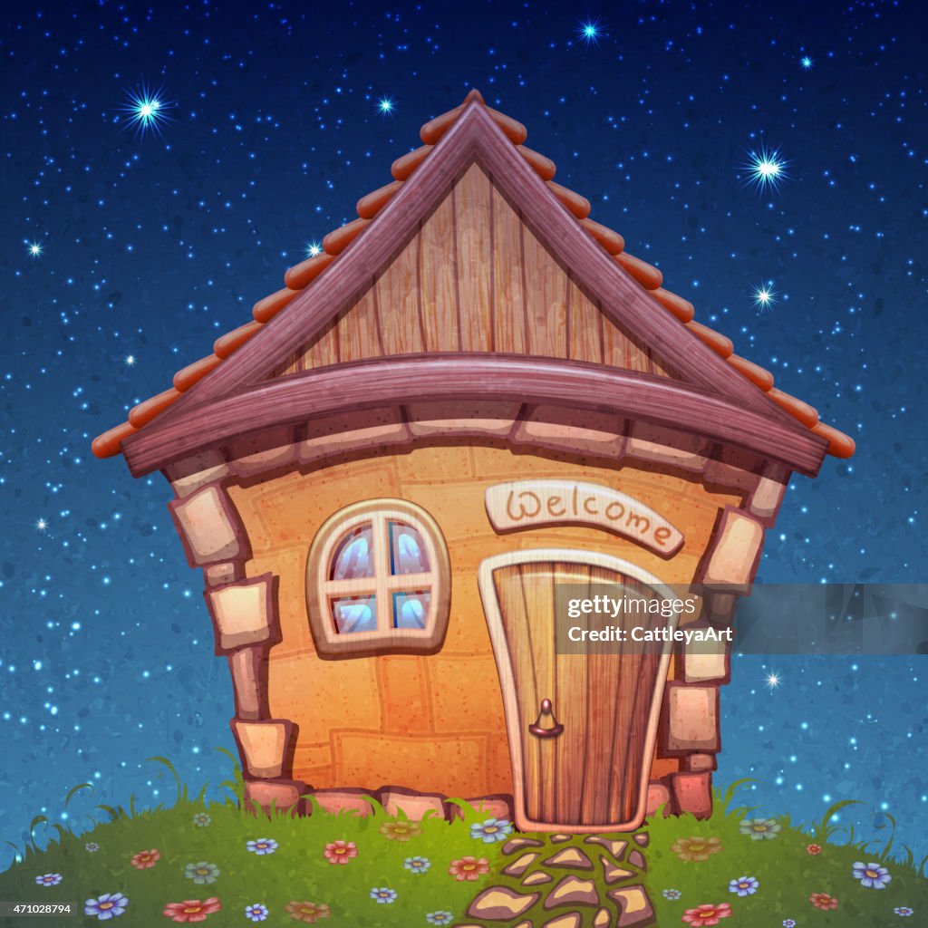 Ilustración Vectorial De Dibujos Animados Casa En La Pradera De Noche  Ilustración de stock - Getty Images