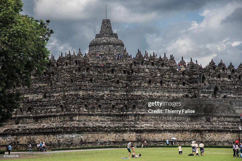 A view of the  Borobudur temple from a adjacent park. The...