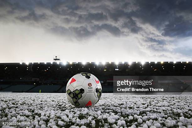 Football sits on a hail stone covered Pirtek Stadium prior to kick off for the round 27 A-League match between the Western Sydney Wanderers and the...