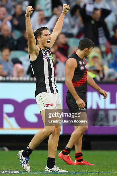 Paul Seedsman of the Magpies celebrates winning the round four AFL match between the Essendon Bombers and the Collingwood Magpies at Melbourne...