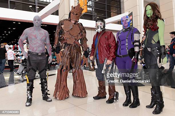 Cosplayers dressed as Guardians of the Galaxy characters attend the C2E2 Chicago Comic and Entertainment Expo at McCormick Place on April 24, 2015 in...