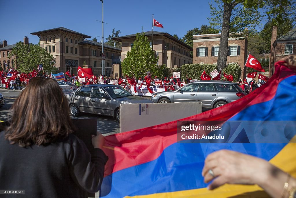 Turkish and Armenian people march at Turkish Embassy in Washington