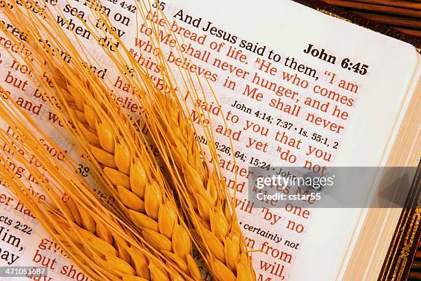 religious: i am the bread bible scripture with wheat (horizontal) - new testament book stock pictures, royalty-free photos & images