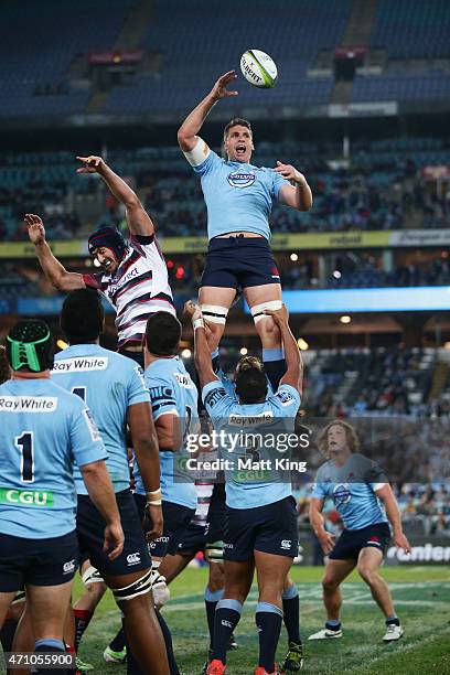 Mitch Chapman of the Waratahs jumps at the lineout during the round 11 Super Rugby match between the Waratahs and the Rebels at ANZ Stadium on April...