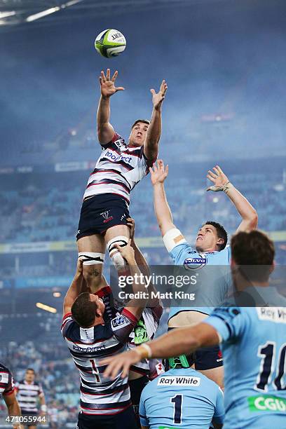 Sean McMahon of the Rebels jumps at the lineout during the round 11 Super Rugby match between the Waratahs and the Rebels at ANZ Stadium on April 25,...