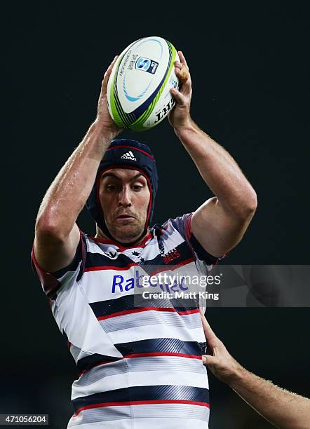 Cadeyrn Neville of the Rebels jumps at the lineout during the round 11 Super Rugby match between the Waratahs and the Rebels at ANZ Stadium on April...