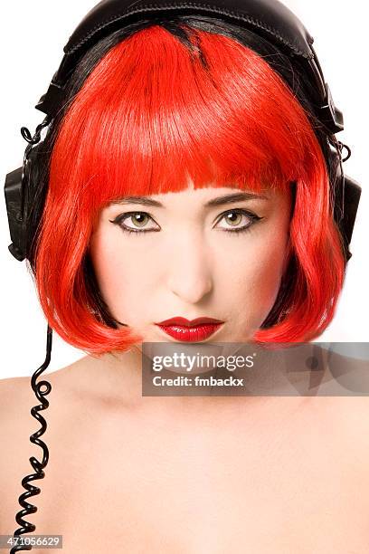 beauty with headphones - black hair wig stock pictures, royalty-free photos & images