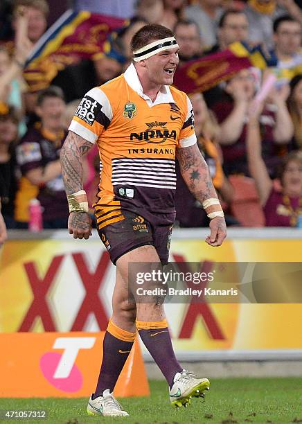 Josh McGuire of the Broncos celebrates after scoring a try during the round eight NRL match between the Brisbane Broncos and the Parramatta Eels at...