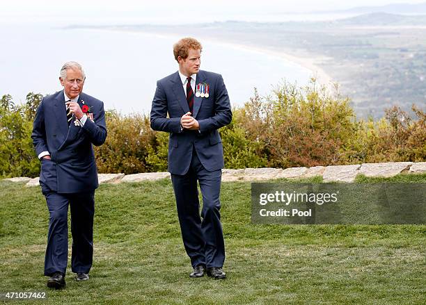 Prince Harry chats with Prince Charles, Prince of Wales during a visit to The Nek, a narrow stretch of ridge in the Anzac battlefield on the...