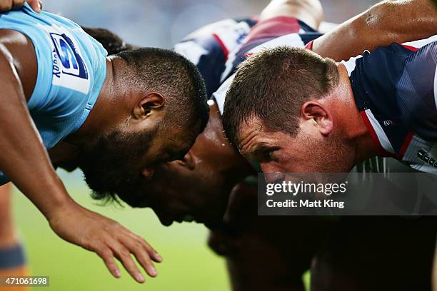 Toby Smith of the Rebels packs down against Sekope Kepu of the Waratahs during the round 11 Super Rugby match between the Waratahs and the Rebels at...