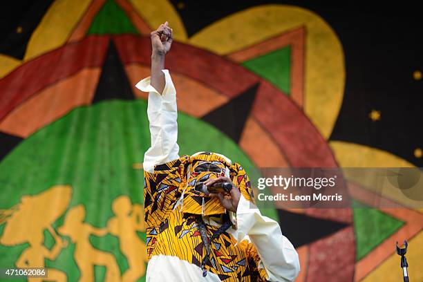 Lagbaja, from Nigeria, performs on stage at the New Orleans Jazz and Heritage Festival on April 24, 2015 in New Orleans, United States