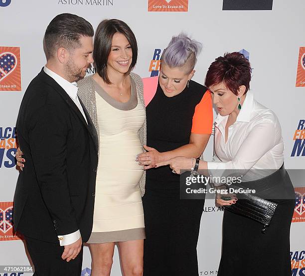 Jack Osbourne, wife Lisa Stelly, Kelly Osbourne and Sharon Osbourne arrive at the 22nd Annual Race To Erase MS at the Hyatt Regency Century Plaza on...