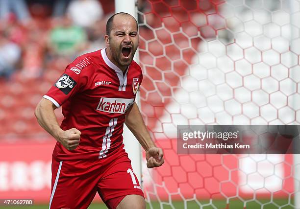 Leonhard Kaufmann of Cottbus jubilates after scoring the first goal during the third league match between FC Energie Cottbus and SV Stuttgarter...