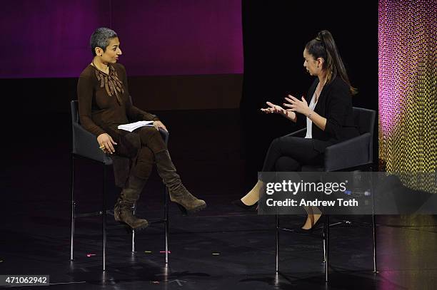 Zainab Salbi and comedian Tima Shomali speak on stage during the Women In The World Summit held in New York on April 24, 2015 in New York City.