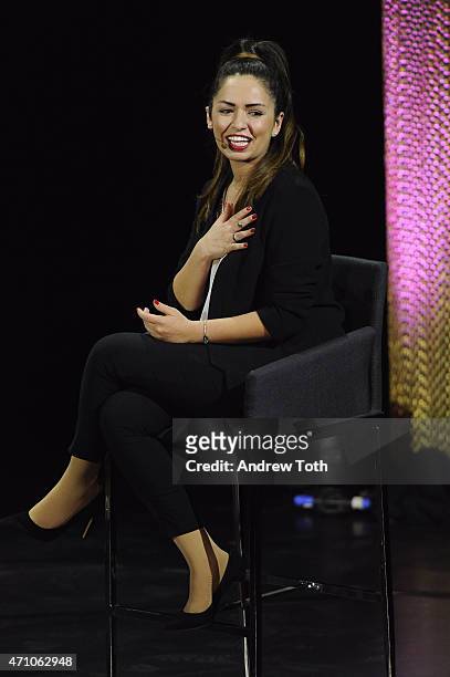Comedian Tima Shomali speaks on stage during the Women In The World Summit held in New York on April 24, 2015 in New York City.