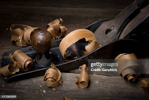 close-up wood planer with wood curl/shavings #8 - wood shaving stock pictures, royalty-free photos & images