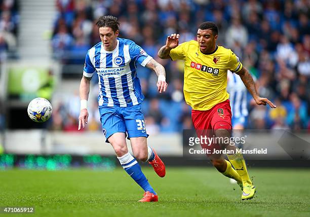 Greg Halford of Brighton and Troy Deeney of Watford tackle for the ball during the Sky Bet Championship match between Brighton & Hove Albion and...