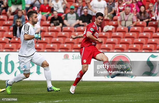 Tim Kleindienst of Cottbus scores the second goal during the third league match between FC Energie Cottbus and SV Stuttgarter Kickers at Stadion der...