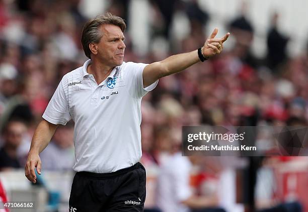 Head coach Horst Steffen of Stuttgart gestures during the third league match between FC Energie Cottbus and SV Stuttgarter Kickers at Stadion der...