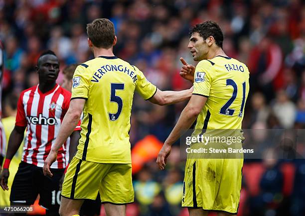 Team mates Jan Vertonghen and Federico Fazio of Spurs argue during the Barclays Premier League match between Southampton and Tottenham Hotspur at St...