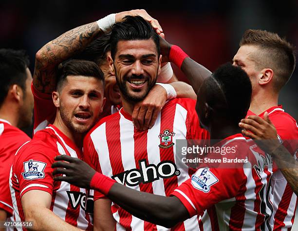 Graziano Pelle of Southampton celebrates with team mates as he scores their second goal with a header during the Barclays Premier League match...
