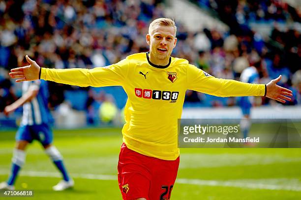 Matej Vydra of Watford celebrates after scoring to make it 2-0 during the Sky Bet Championship match between Brighton & Hove Albion and Watford at...