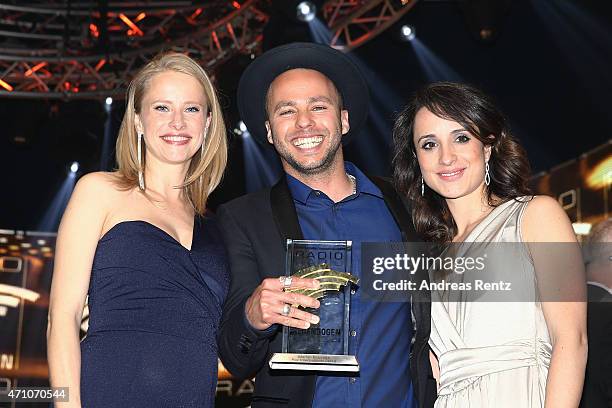 Susanne Bormann, Marlon Roudette and Stephanie Stumph attend the Radio Regenbogen Award 2015 at Europapark on April 24, 2015 in Rust, Germany.